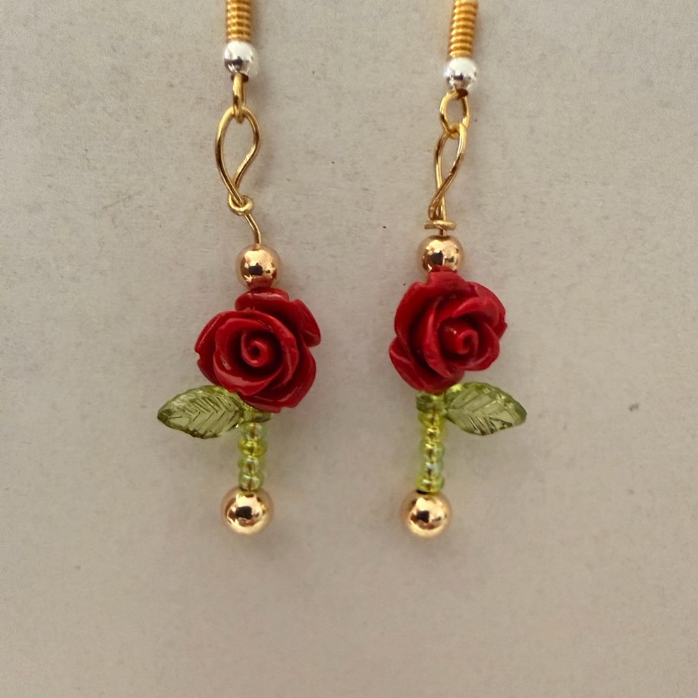 Red Rose Dangle Earrings Handmade New!